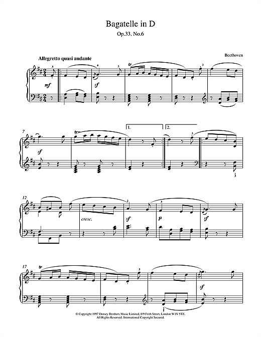 Preview Ludwig van Beethoven Bagatelle In D Major, Op.33 No.6 Classical sheet music, notes and chords for Piano, SKU: 15473 sheet music, piano notes, chords, guitar tabs, score, transpose, transcribe, how to play, guide, download, learn, tutorial, progression, song, artist, awards, billboard, mtv, vh1, tour, single, album, release