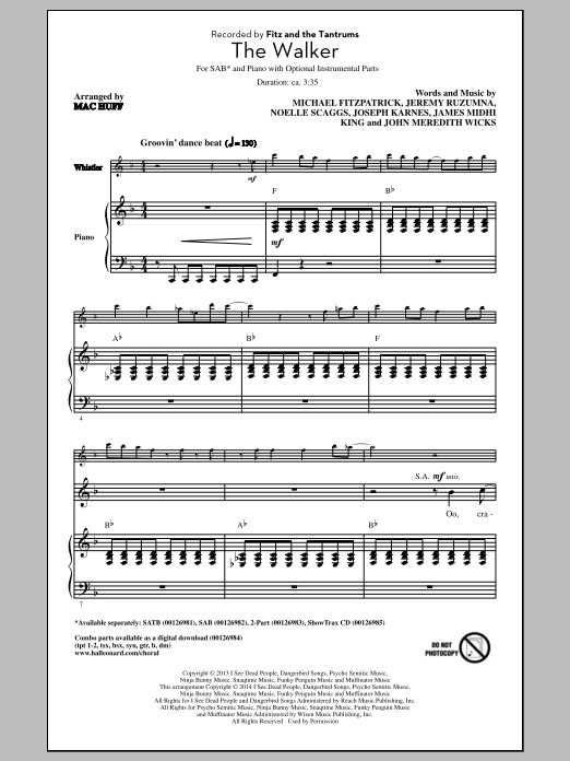 Preview Fitz And The Tantrums The Walker (arr. Mac Huff) Light Concert sheet music, notes and chords for SAB, SKU: 154794 sheet music, piano notes, chords, guitar tabs, score, transpose, transcribe, how to play, guide, download, learn, tutorial, progression, song, artist, awards, billboard, mtv, vh1, tour, single, album, release