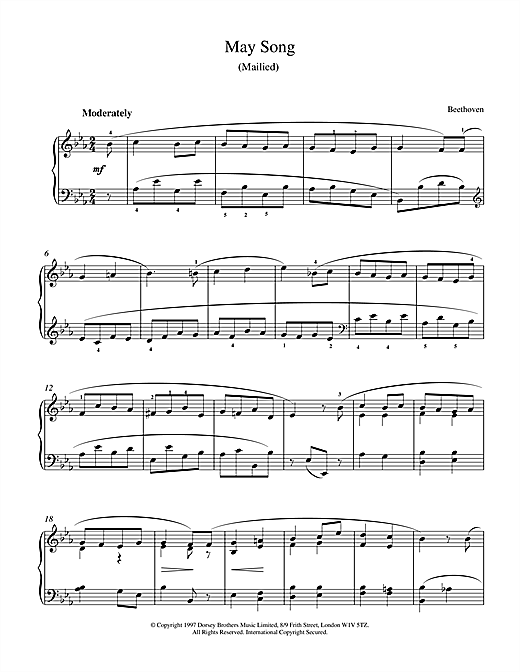 Preview Ludwig van Beethoven May Song Op.52, No.4 Classical sheet music, notes and chords for Piano, SKU: 15481 sheet music, piano notes, chords, guitar tabs, score, transpose, transcribe, how to play, guide, download, learn, tutorial, progression, song, artist, awards, billboard, mtv, vh1, tour, single, album, release