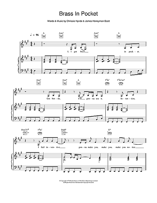 Preview The Pretenders Brass In Pocket Rock sheet music, notes and chords for Piano, Vocal & Guitar, SKU: 15486 sheet music, piano notes, chords, guitar tabs, score, transpose, transcribe, how to play, guide, download, learn, tutorial, progression, song, artist, awards, billboard, mtv, vh1, tour, single, album, release