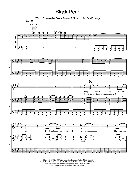 Preview Bryan Adams Black Pearl Rock sheet music, notes and chords for Piano, Vocal & Guitar (Right-Hand Melody), SKU: 15489 sheet music, piano notes, chords, guitar tabs, score, transpose, transcribe, how to play, guide, download, learn, tutorial, progression, song, artist, awards, billboard, mtv, vh1, tour, single, album, release