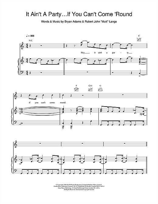 Preview Bryan Adams It Ain't A Party If You Can't Come Round Rock sheet music, notes and chords for Piano, Vocal & Guitar (Right-Hand Melody), SKU: 15493 sheet music, piano notes, chords, guitar tabs, score, transpose, transcribe, how to play, guide, download, learn, tutorial, progression, song, artist, awards, billboard, mtv, vh1, tour, single, album, release