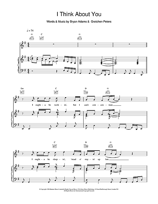 Preview Bryan Adams I Think About You Rock sheet music, notes and chords for Piano, Vocal & Guitar (Right-Hand Melody), SKU: 15494 sheet music, piano notes, chords, guitar tabs, score, transpose, transcribe, how to play, guide, download, learn, tutorial, progression, song, artist, awards, billboard, mtv, vh1, tour, single, album, release