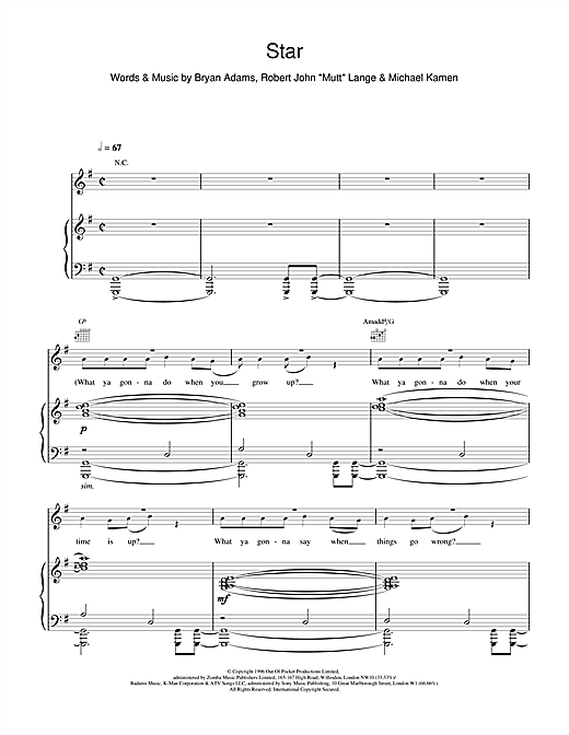 Preview Bryan Adams Star Rock sheet music, notes and chords for Piano, Vocal & Guitar (Right-Hand Melody), SKU: 15495 sheet music, piano notes, chords, guitar tabs, score, transpose, transcribe, how to play, guide, download, learn, tutorial, progression, song, artist, awards, billboard, mtv, vh1, tour, single, album, release
