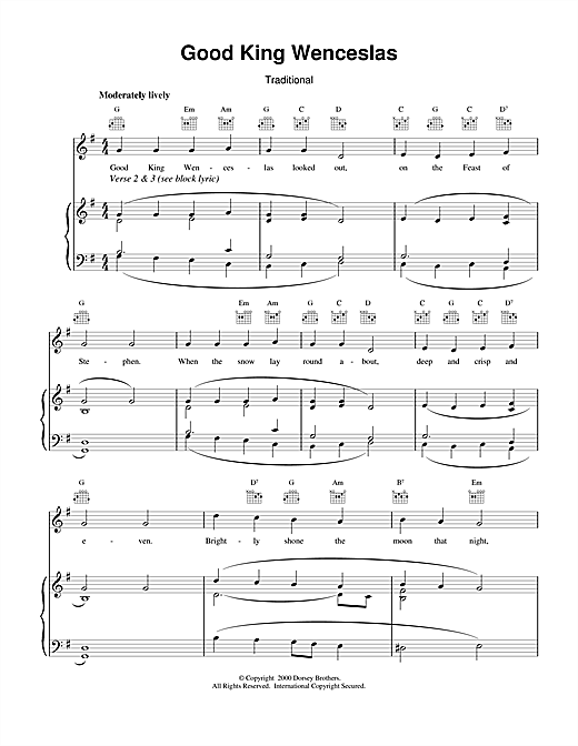 Preview Christmas Carol Good King Wenceslas Christmas sheet music, notes and chords for Piano, Vocal & Guitar (Right-Hand Melody), SKU: 15499 sheet music, piano notes, chords, guitar tabs, score, transpose, transcribe, how to play, guide, download, learn, tutorial, progression, song, artist, awards, billboard, mtv, vh1, tour, single, album, release