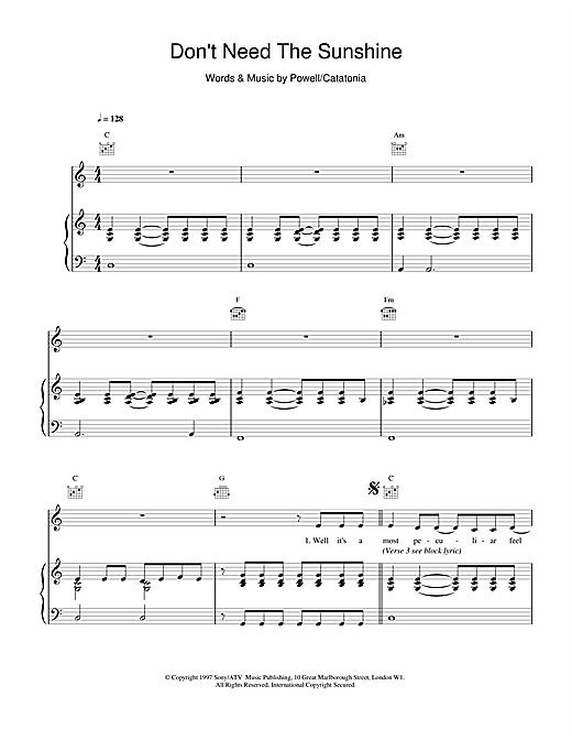 Preview Catatonia Don't Need The Sunshine Pop sheet music, notes and chords for Piano, Vocal & Guitar, SKU: 15506 sheet music, piano notes, chords, guitar tabs, score, transpose, transcribe, how to play, guide, download, learn, tutorial, progression, song, artist, awards, billboard, mtv, vh1, tour, single, album, release