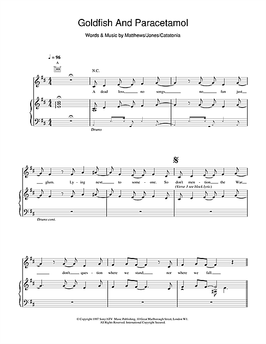 Preview Catatonia Goldfish And Paracetamol Pop sheet music, notes and chords for Piano, Vocal & Guitar, SKU: 15507 sheet music, piano notes, chords, guitar tabs, score, transpose, transcribe, how to play, guide, download, learn, tutorial, progression, song, artist, awards, billboard, mtv, vh1, tour, single, album, release