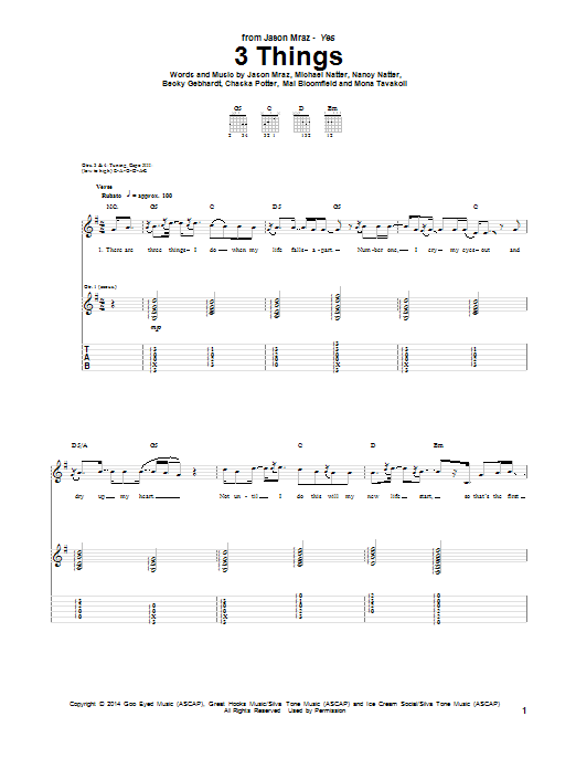 Preview Jason Mraz 3 Things Pop sheet music, notes and chords for Guitar Tab, SKU: 155115 sheet music, piano notes, chords, guitar tabs, score, transpose, transcribe, how to play, guide, download, learn, tutorial, progression, song, artist, awards, billboard, mtv, vh1, tour, single, album, release