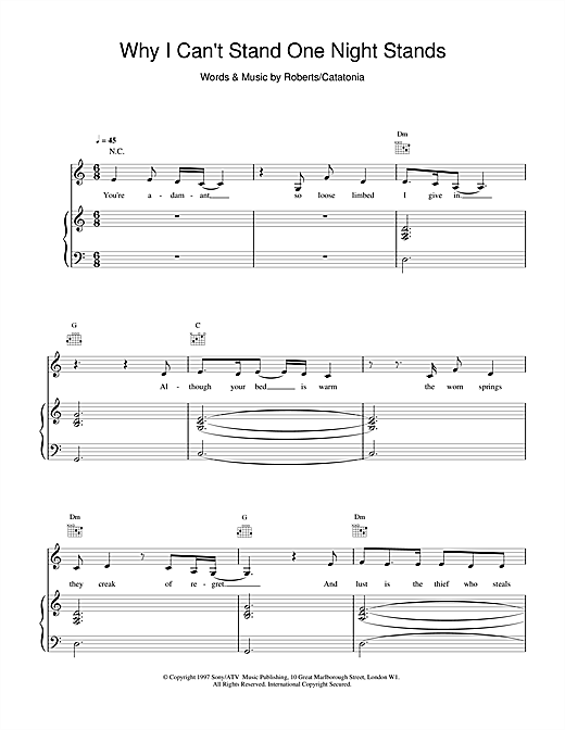 Preview Catatonia Why I Can't Stand One Night Stands Pop sheet music, notes and chords for Piano, Vocal & Guitar, SKU: 15514 sheet music, piano notes, chords, guitar tabs, score, transpose, transcribe, how to play, guide, download, learn, tutorial, progression, song, artist, awards, billboard, mtv, vh1, tour, single, album, release