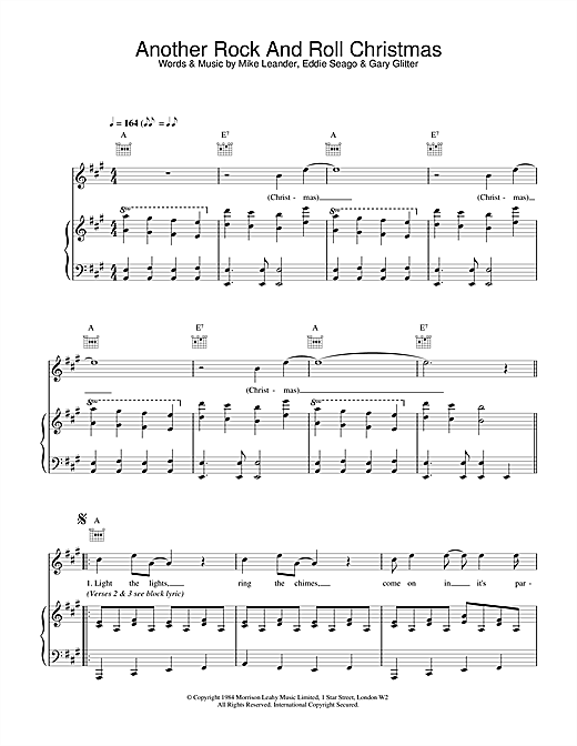 Preview Gary Glitter Another Rock And Roll Christmas Rock sheet music, notes and chords for Piano, Vocal & Guitar, SKU: 15515 sheet music, piano notes, chords, guitar tabs, score, transpose, transcribe, how to play, guide, download, learn, tutorial, progression, song, artist, awards, billboard, mtv, vh1, tour, single, album, release