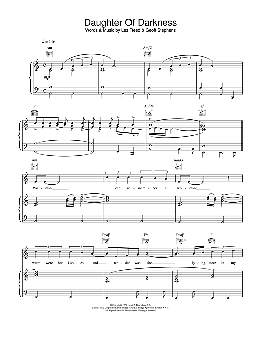 Preview Tom Jones Daughter Of Darkness Pop sheet music, notes and chords for Piano, Vocal & Guitar, SKU: 15524 sheet music, piano notes, chords, guitar tabs, score, transpose, transcribe, how to play, guide, download, learn, tutorial, progression, song, artist, awards, billboard, mtv, vh1, tour, single, album, release