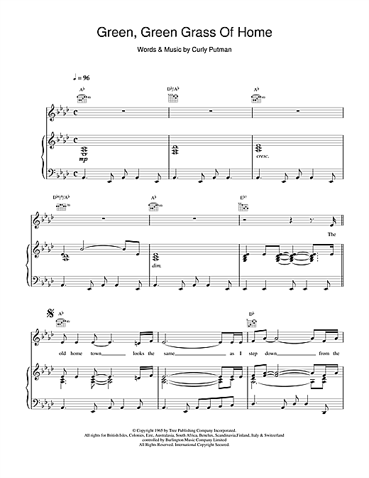 Preview Tom Jones Green Green Grass Of Home Pop sheet music, notes and chords for Piano, Vocal & Guitar (Right-Hand Melody), SKU: 15527 sheet music, piano notes, chords, guitar tabs, score, transpose, transcribe, how to play, guide, download, learn, tutorial, progression, song, artist, awards, billboard, mtv, vh1, tour, single, album, release
