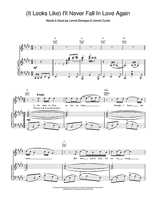 Preview Tom Jones (It Looks Like) I'll Never Fall In Love Again Pop sheet music, notes and chords for Piano, Vocal & Guitar, SKU: 15530 sheet music, piano notes, chords, guitar tabs, score, transpose, transcribe, how to play, guide, download, learn, tutorial, progression, song, artist, awards, billboard, mtv, vh1, tour, single, album, release