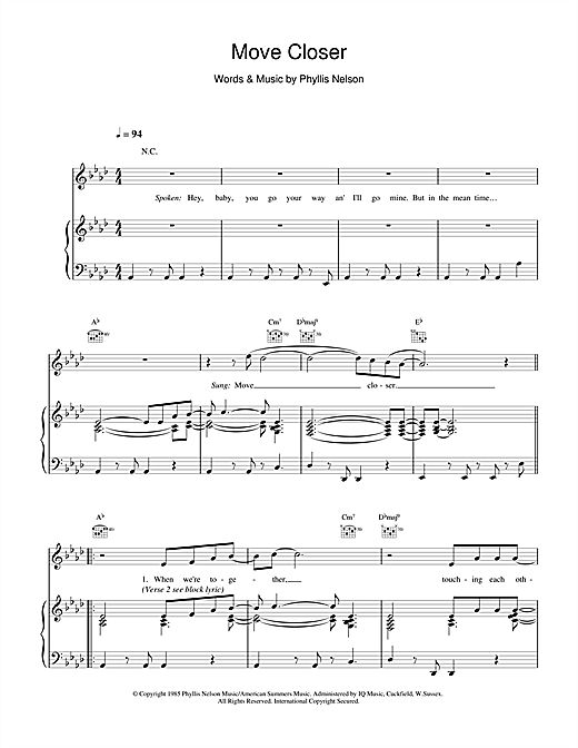 Preview Tom Jones Move Closer Pop sheet music, notes and chords for Piano, Vocal & Guitar (Right-Hand Melody), SKU: 15531 sheet music, piano notes, chords, guitar tabs, score, transpose, transcribe, how to play, guide, download, learn, tutorial, progression, song, artist, awards, billboard, mtv, vh1, tour, single, album, release