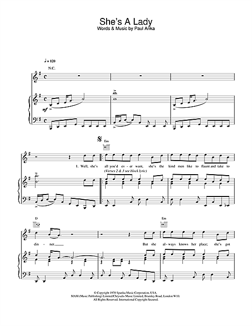 Preview Tom Jones She's A Lady Pop sheet music, notes and chords for Piano, Vocal & Guitar (Right-Hand Melody), SKU: 15532 sheet music, piano notes, chords, guitar tabs, score, transpose, transcribe, how to play, guide, download, learn, tutorial, progression, song, artist, awards, billboard, mtv, vh1, tour, single, album, release
