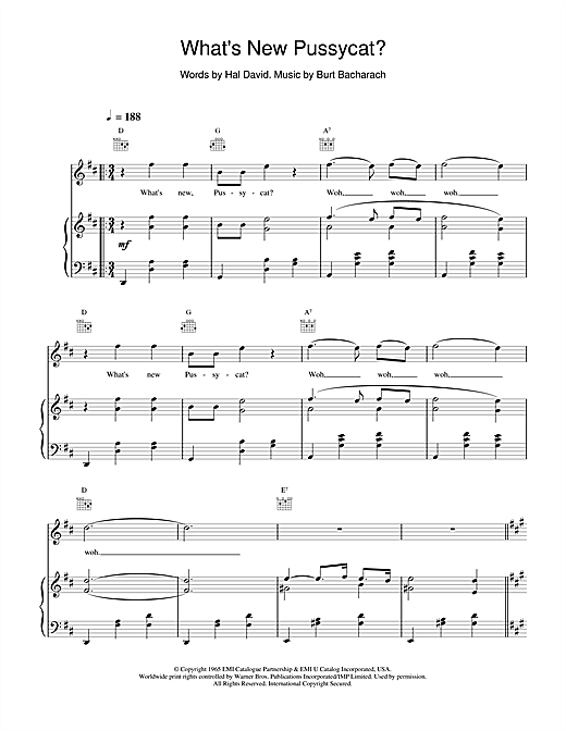 Preview Tom Jones What's New Pussycat? Pop sheet music, notes and chords for Piano, Vocal & Guitar (Right-Hand Melody), SKU: 15534 sheet music, piano notes, chords, guitar tabs, score, transpose, transcribe, how to play, guide, download, learn, tutorial, progression, song, artist, awards, billboard, mtv, vh1, tour, single, album, release