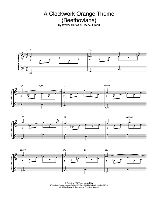 Preview Walter Carlos A Clockwork Orange Theme (Beethoviana) Film and TV sheet music, notes and chords for Piano, SKU: 15536 sheet music, piano notes, chords, guitar tabs, score, transpose, transcribe, how to play, guide, download, learn, tutorial, progression, song, artist, awards, billboard, mtv, vh1, tour, single, album, release