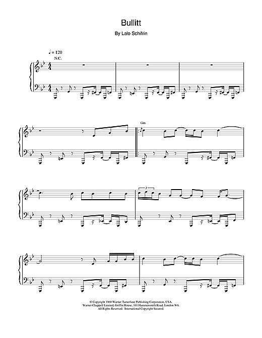 Preview Lalo Schifrin Bullitt Film and TV sheet music, notes and chords for Piano, SKU: 15538 sheet music, piano notes, chords, guitar tabs, score, transpose, transcribe, how to play, guide, download, learn, tutorial, progression, song, artist, awards, billboard, mtv, vh1, tour, single, album, release