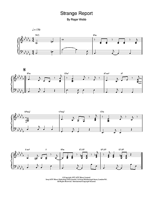Preview Roger Webb Strange Report Film and TV sheet music, notes and chords for Piano, SKU: 15544 sheet music, piano notes, chords, guitar tabs, score, transpose, transcribe, how to play, guide, download, learn, tutorial, progression, song, artist, awards, billboard, mtv, vh1, tour, single, album, release