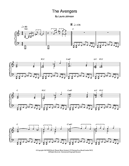 Preview Laurie Johnson The Avengers Film and TV sheet music, notes and chords for Piano, SKU: 15545 sheet music, piano notes, chords, guitar tabs, score, transpose, transcribe, how to play, guide, download, learn, tutorial, progression, song, artist, awards, billboard, mtv, vh1, tour, single, album, release