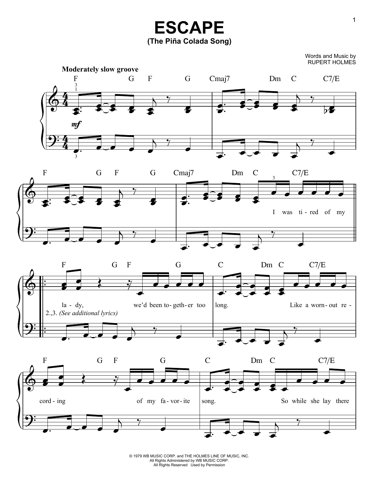 Preview Rupert Holmes Escape (The Pina Colada Song) Jazz sheet music, notes and chords for Easy Piano, SKU: 155496 sheet music, piano notes, chords, guitar tabs, score, transpose, transcribe, how to play, guide, download, learn, tutorial, progression, song, artist, awards, billboard, mtv, vh1, tour, single, album, release