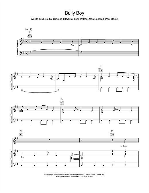 Preview Shed 7 Bully Boy Rock sheet music, notes and chords for Piano, Vocal & Guitar (Right-Hand Melody), SKU: 15573 sheet music, piano notes, chords, guitar tabs, score, transpose, transcribe, how to play, guide, download, learn, tutorial, progression, song, artist, awards, billboard, mtv, vh1, tour, single, album, release