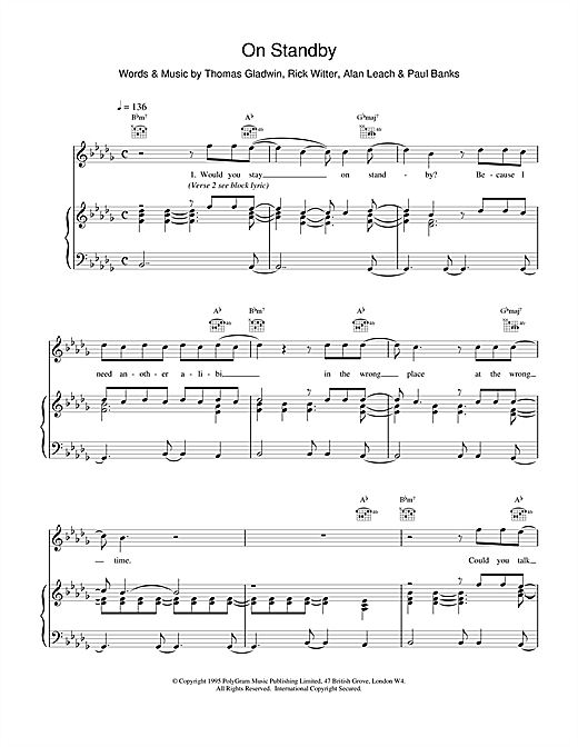 Preview Shed 7 On Standby Rock sheet music, notes and chords for Piano, Vocal & Guitar (Right-Hand Melody), SKU: 15579 sheet music, piano notes, chords, guitar tabs, score, transpose, transcribe, how to play, guide, download, learn, tutorial, progression, song, artist, awards, billboard, mtv, vh1, tour, single, album, release