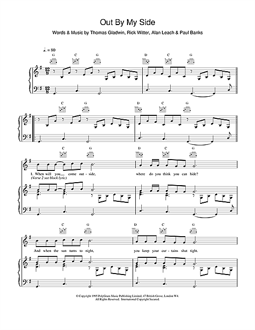Preview Shed 7 Out By My Side Rock sheet music, notes and chords for Piano, Vocal & Guitar (Right-Hand Melody), SKU: 15580 sheet music, piano notes, chords, guitar tabs, score, transpose, transcribe, how to play, guide, download, learn, tutorial, progression, song, artist, awards, billboard, mtv, vh1, tour, single, album, release
