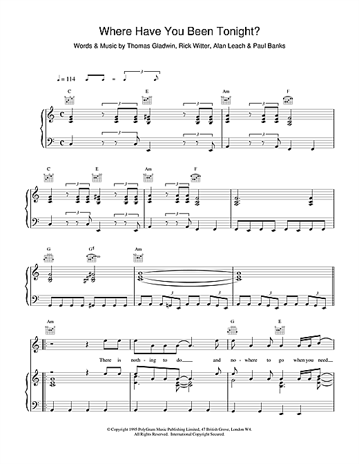 Preview Shed 7 Where Have You Been Tonight Rock sheet music, notes and chords for Piano, Vocal & Guitar (Right-Hand Melody), SKU: 15582 sheet music, piano notes, chords, guitar tabs, score, transpose, transcribe, how to play, guide, download, learn, tutorial, progression, song, artist, awards, billboard, mtv, vh1, tour, single, album, release