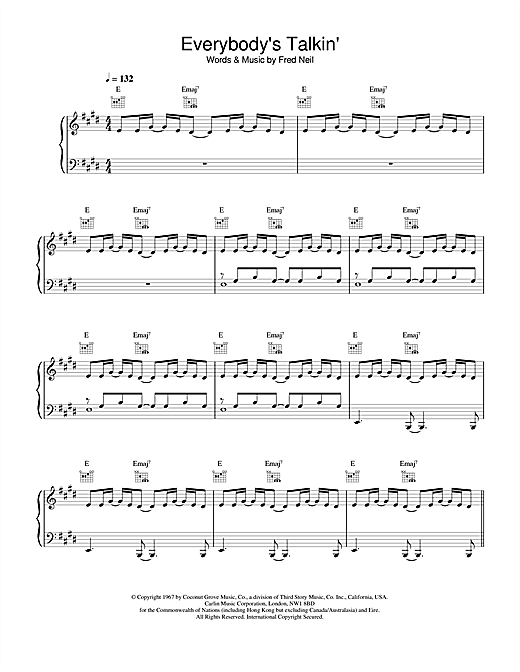 Preview Nilsson Everybody's Talkin Pop sheet music, notes and chords for Piano, Vocal & Guitar, SKU: 15583 sheet music, piano notes, chords, guitar tabs, score, transpose, transcribe, how to play, guide, download, learn, tutorial, progression, song, artist, awards, billboard, mtv, vh1, tour, single, album, release