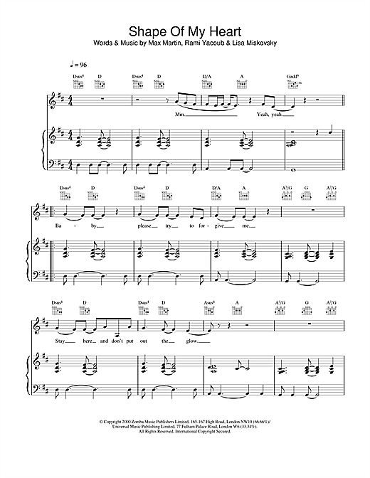 Preview Backstreet Boys Shape Of My Heart Pop sheet music, notes and chords for Piano, Vocal & Guitar, SKU: 15587 sheet music, piano notes, chords, guitar tabs, score, transpose, transcribe, how to play, guide, download, learn, tutorial, progression, song, artist, awards, billboard, mtv, vh1, tour, single, album, release