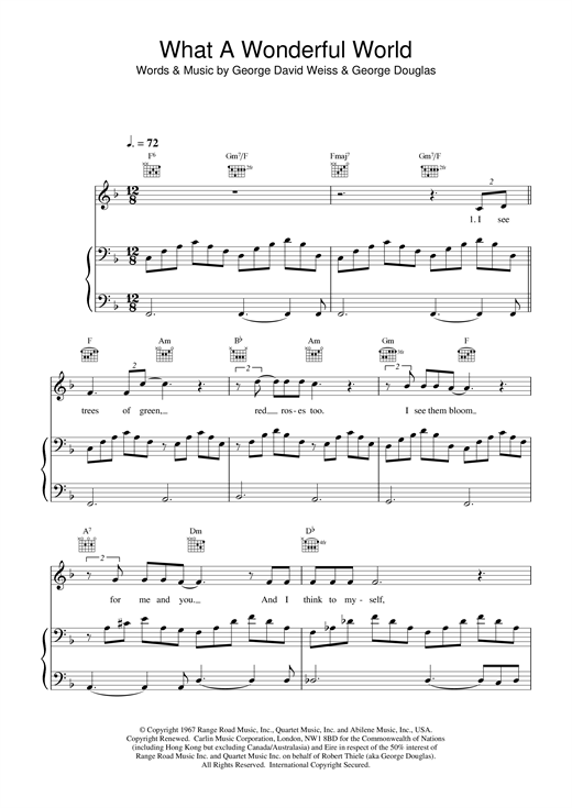 Preview Louis Armstrong What A Wonderful World Jazz sheet music, notes and chords for Piano, Vocal & Guitar, SKU: 15589 sheet music, piano notes, chords, guitar tabs, score, transpose, transcribe, how to play, guide, download, learn, tutorial, progression, song, artist, awards, billboard, mtv, vh1, tour, single, album, release