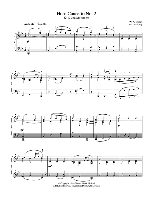 Preview Wolfgang Amadeus Mozart Horn Concerto No. 2 Classical sheet music, notes and chords for Piano, SKU: 15671 sheet music, piano notes, chords, guitar tabs, score, transpose, transcribe, how to play, guide, download, learn, tutorial, progression, song, artist, awards, billboard, mtv, vh1, tour, single, album, release