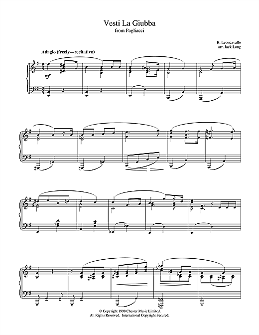 Preview Ruggero Leoncavallo Vesti La Giubba Classical sheet music, notes and chords for Piano, SKU: 15681 sheet music, piano notes, chords, guitar tabs, score, transpose, transcribe, how to play, guide, download, learn, tutorial, progression, song, artist, awards, billboard, mtv, vh1, tour, single, album, release