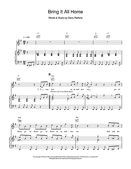 Preview Gerry Rafferty Bring It All Home Rock sheet music, notes and chords for Piano, Vocal & Guitar (Right-Hand Melody), SKU: 15682 sheet music, piano notes, chords, guitar tabs, score, transpose, transcribe, how to play, guide, download, learn, tutorial, progression, song, artist, awards, billboard, mtv, vh1, tour, single, album, release