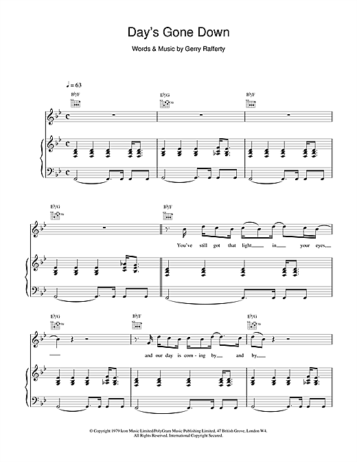Preview Gerry Rafferty Day's Gone Down Rock sheet music, notes and chords for Piano, Vocal & Guitar (Right-Hand Melody), SKU: 15683 sheet music, piano notes, chords, guitar tabs, score, transpose, transcribe, how to play, guide, download, learn, tutorial, progression, song, artist, awards, billboard, mtv, vh1, tour, single, album, release