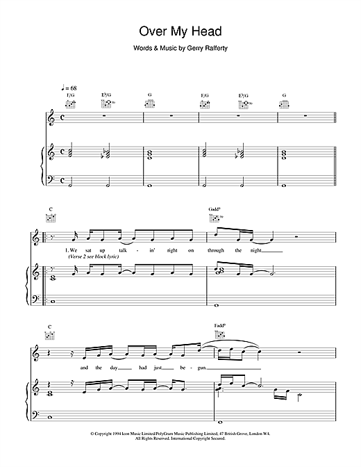 Preview Gerry Rafferty Over My Head Rock sheet music, notes and chords for Piano, Vocal & Guitar (Right-Hand Melody), SKU: 15688 sheet music, piano notes, chords, guitar tabs, score, transpose, transcribe, how to play, guide, download, learn, tutorial, progression, song, artist, awards, billboard, mtv, vh1, tour, single, album, release