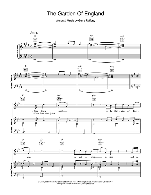 Preview Gerry Rafferty The Garden Of England Rock sheet music, notes and chords for Piano, Vocal & Guitar (Right-Hand Melody), SKU: 15692 sheet music, piano notes, chords, guitar tabs, score, transpose, transcribe, how to play, guide, download, learn, tutorial, progression, song, artist, awards, billboard, mtv, vh1, tour, single, album, release