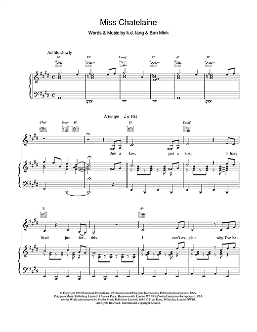 Preview k.d. lang Miss Chatelaine Rock sheet music, notes and chords for Piano, Vocal & Guitar (Right-Hand Melody), SKU: 15697 sheet music, piano notes, chords, guitar tabs, score, transpose, transcribe, how to play, guide, download, learn, tutorial, progression, song, artist, awards, billboard, mtv, vh1, tour, single, album, release