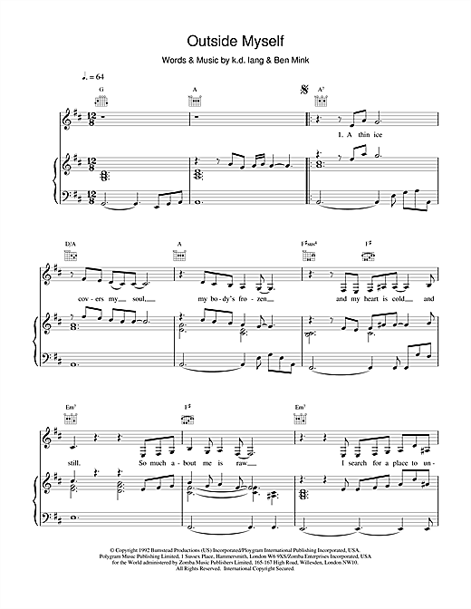 Preview k.d. lang Outside Myself Rock sheet music, notes and chords for Piano, Vocal & Guitar (Right-Hand Melody), SKU: 15698 sheet music, piano notes, chords, guitar tabs, score, transpose, transcribe, how to play, guide, download, learn, tutorial, progression, song, artist, awards, billboard, mtv, vh1, tour, single, album, release