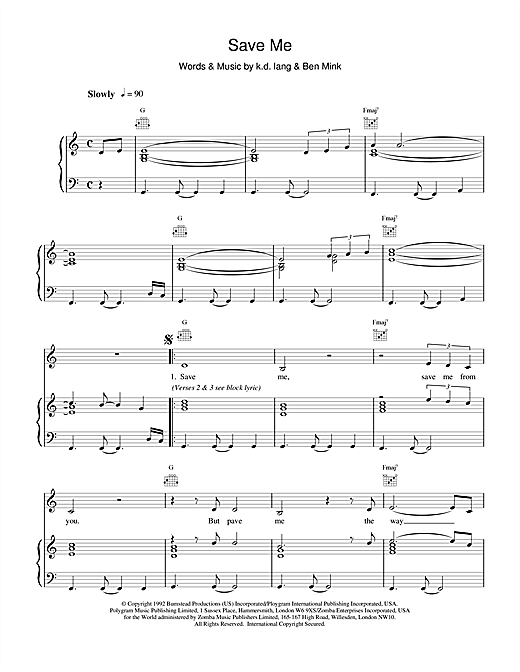 Preview k.d. lang Save Me Rock sheet music, notes and chords for Piano, Vocal & Guitar (Right-Hand Melody), SKU: 15699 sheet music, piano notes, chords, guitar tabs, score, transpose, transcribe, how to play, guide, download, learn, tutorial, progression, song, artist, awards, billboard, mtv, vh1, tour, single, album, release