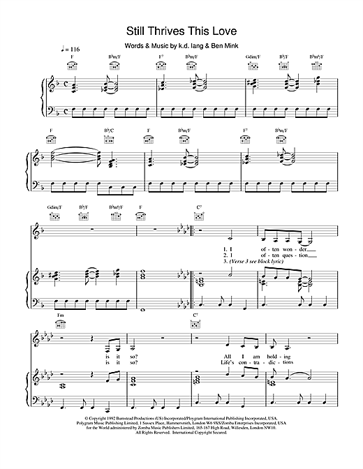Preview k.d. lang Still Thrives This Love Rock sheet music, notes and chords for Piano, Vocal & Guitar (Right-Hand Melody), SKU: 15702 sheet music, piano notes, chords, guitar tabs, score, transpose, transcribe, how to play, guide, download, learn, tutorial, progression, song, artist, awards, billboard, mtv, vh1, tour, single, album, release