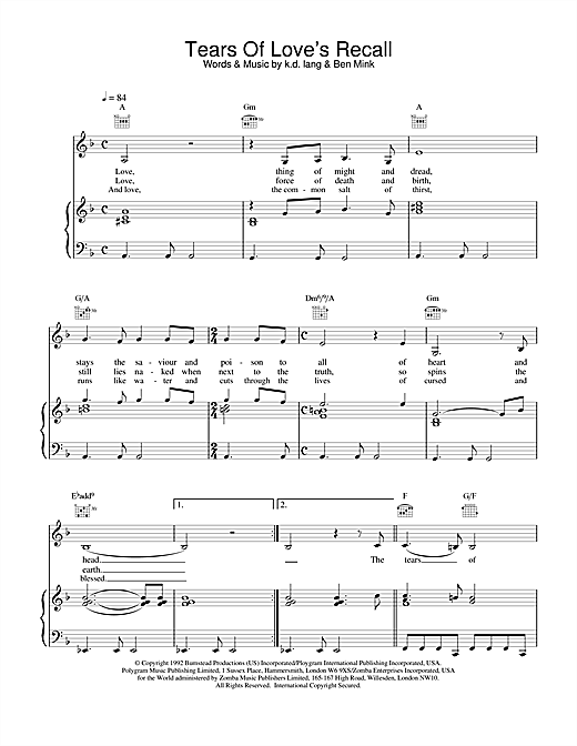 Preview k.d. lang Tears of Love's Recall Rock sheet music, notes and chords for Piano, Vocal & Guitar (Right-Hand Melody), SKU: 15703 sheet music, piano notes, chords, guitar tabs, score, transpose, transcribe, how to play, guide, download, learn, tutorial, progression, song, artist, awards, billboard, mtv, vh1, tour, single, album, release