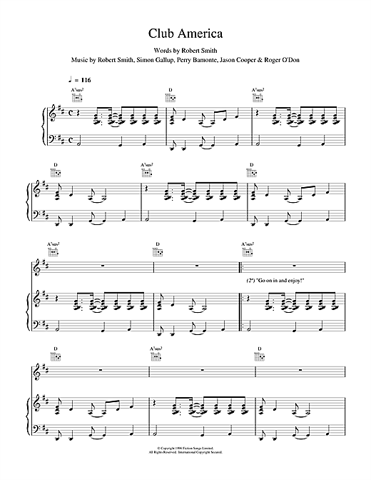 Preview The Cure Club America Rock sheet music, notes and chords for Piano, Vocal & Guitar, SKU: 15713 sheet music, piano notes, chords, guitar tabs, score, transpose, transcribe, how to play, guide, download, learn, tutorial, progression, song, artist, awards, billboard, mtv, vh1, tour, single, album, release