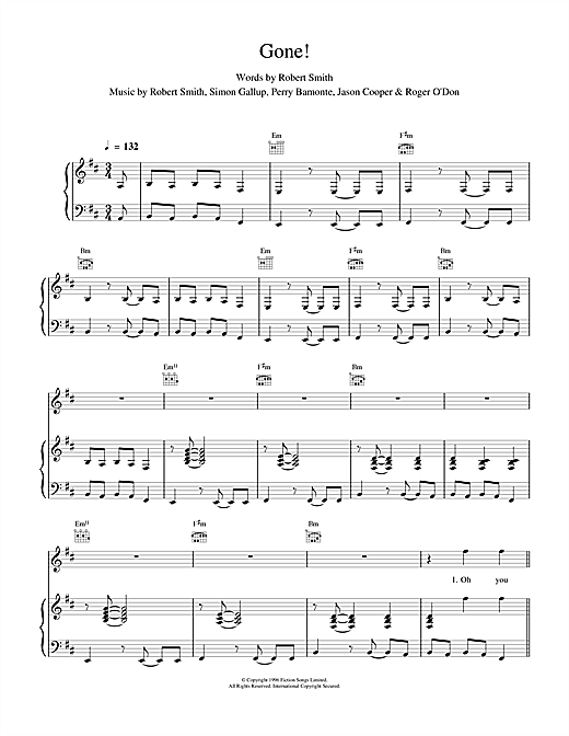 Preview The Cure Gone! Rock sheet music, notes and chords for Piano, Vocal & Guitar (Right-Hand Melody), SKU: 15714 sheet music, piano notes, chords, guitar tabs, score, transpose, transcribe, how to play, guide, download, learn, tutorial, progression, song, artist, awards, billboard, mtv, vh1, tour, single, album, release