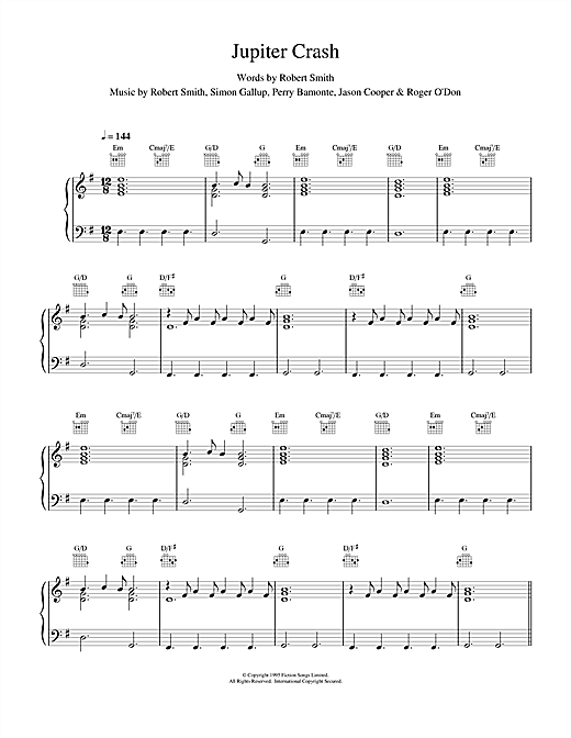 Preview The Cure Jupiter Crash Rock sheet music, notes and chords for Piano, Vocal & Guitar (Right-Hand Melody), SKU: 15715 sheet music, piano notes, chords, guitar tabs, score, transpose, transcribe, how to play, guide, download, learn, tutorial, progression, song, artist, awards, billboard, mtv, vh1, tour, single, album, release