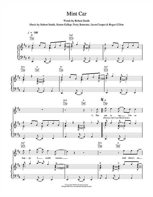 Preview The Cure Mint Car Rock sheet music, notes and chords for Piano, Vocal & Guitar (Right-Hand Melody), SKU: 15716 sheet music, piano notes, chords, guitar tabs, score, transpose, transcribe, how to play, guide, download, learn, tutorial, progression, song, artist, awards, billboard, mtv, vh1, tour, single, album, release
