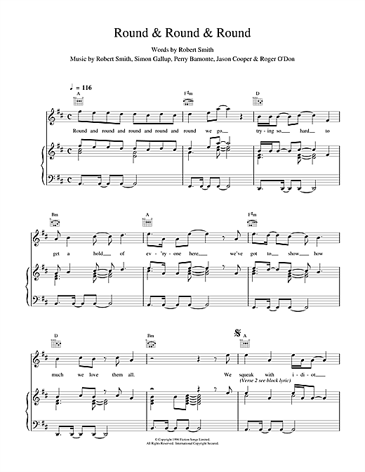 Preview The Cure Round & Round & Round Rock sheet music, notes and chords for Piano, Vocal & Guitar (Right-Hand Melody), SKU: 15719 sheet music, piano notes, chords, guitar tabs, score, transpose, transcribe, how to play, guide, download, learn, tutorial, progression, song, artist, awards, billboard, mtv, vh1, tour, single, album, release