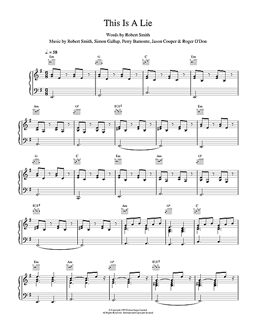 Preview The Cure This Is A Lie Rock sheet music, notes and chords for Piano, Vocal & Guitar (Right-Hand Melody), SKU: 15722 sheet music, piano notes, chords, guitar tabs, score, transpose, transcribe, how to play, guide, download, learn, tutorial, progression, song, artist, awards, billboard, mtv, vh1, tour, single, album, release