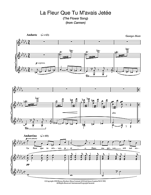 Preview Georges Bizet La Fleur Que Tu M'avais Jetée (The Flower Song) (from Carmen) Classical sheet music, notes and chords for Piano & Vocal, SKU: 15761 sheet music, piano notes, chords, guitar tabs, score, transpose, transcribe, how to play, guide, download, learn, tutorial, progression, song, artist, awards, billboard, mtv, vh1, tour, single, album, release